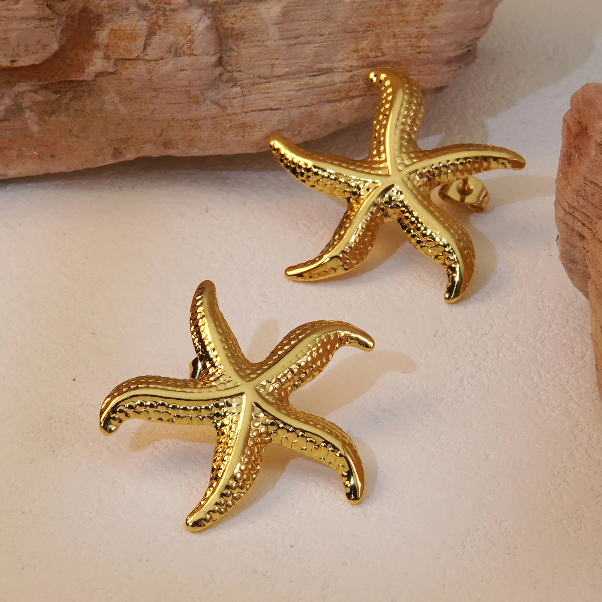 Starfish Stud Earrings Textured 304 Stainless Steel Gold Plated Ocean Series Beach Summer Jewelry For Women