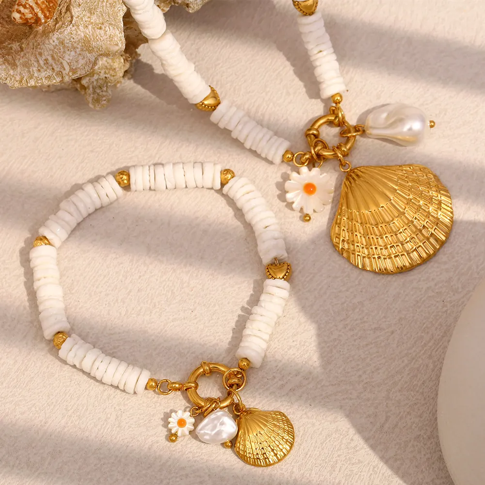 Collier Et Bracelet En Acier Inoxydable Plaqué Or 18K Pendentif Coquille Künstliche Perle Baroque Marguerite Bijoux De Plage