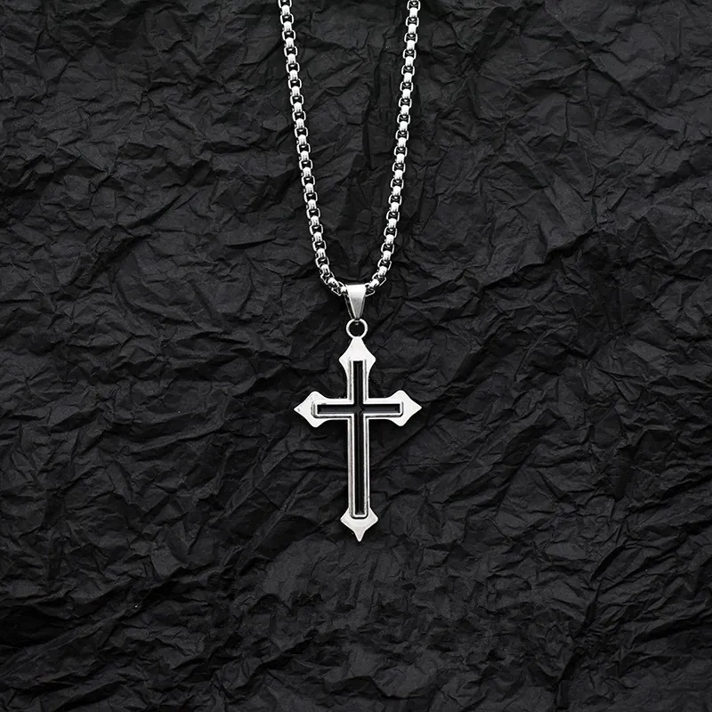 Cross Pendant Necklace Titanium Stainless Steel Box Chain Black Inlay Hip Hop Gothic Jewelry For Men Women