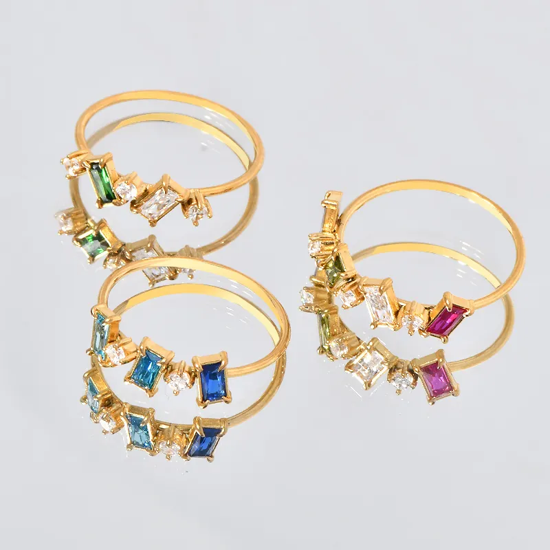 Bague En Acier Titane Minimaliste Avec Zircone Baguette Multicolore Bijoux De Doigt De Luxe Légers Empilables Géométriques