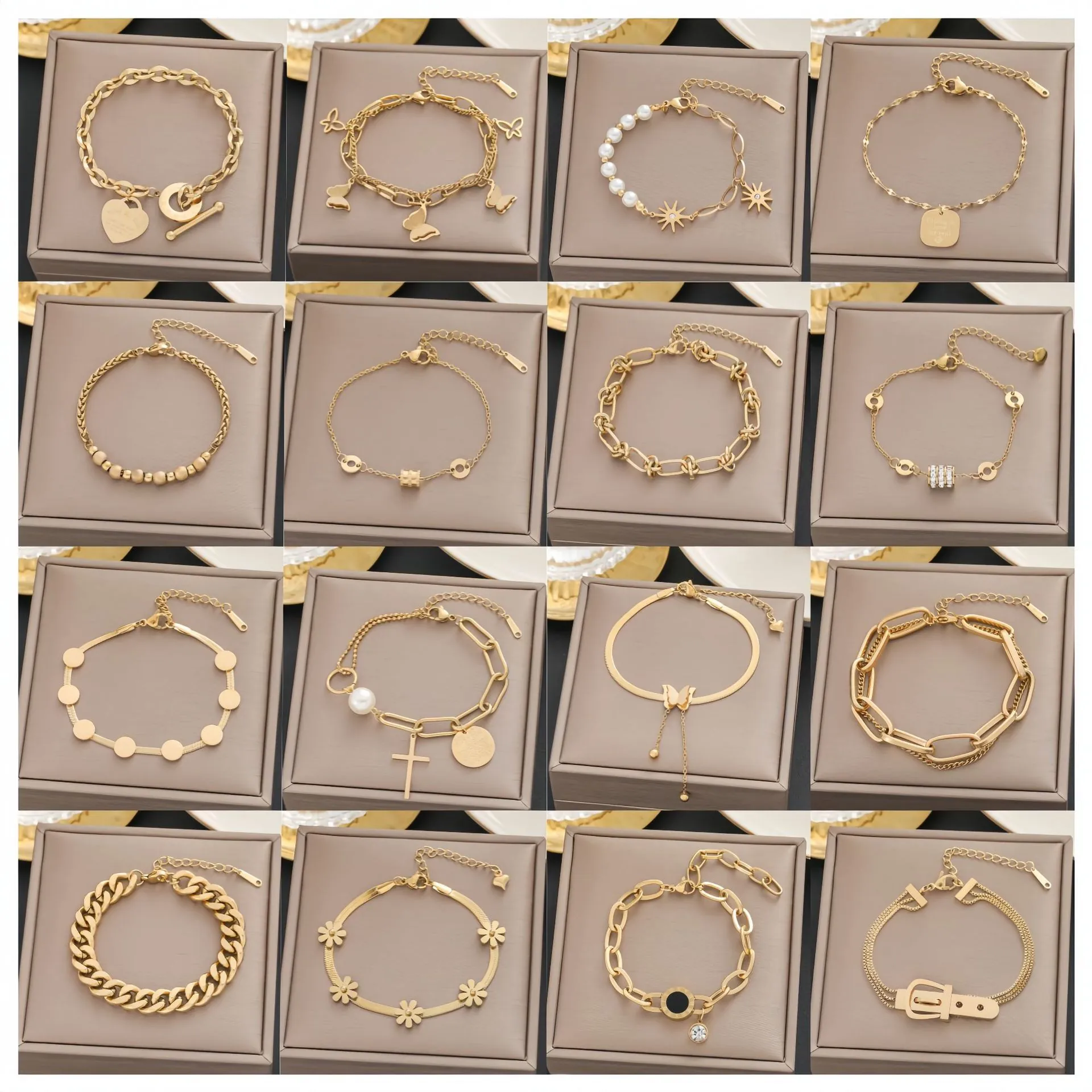18K Gold Plated Stainless Steel Bracelet For Women Fashion Jewelry Elegant Artificial Pearl Rhinestone Butterfly Link Chain Bracelet