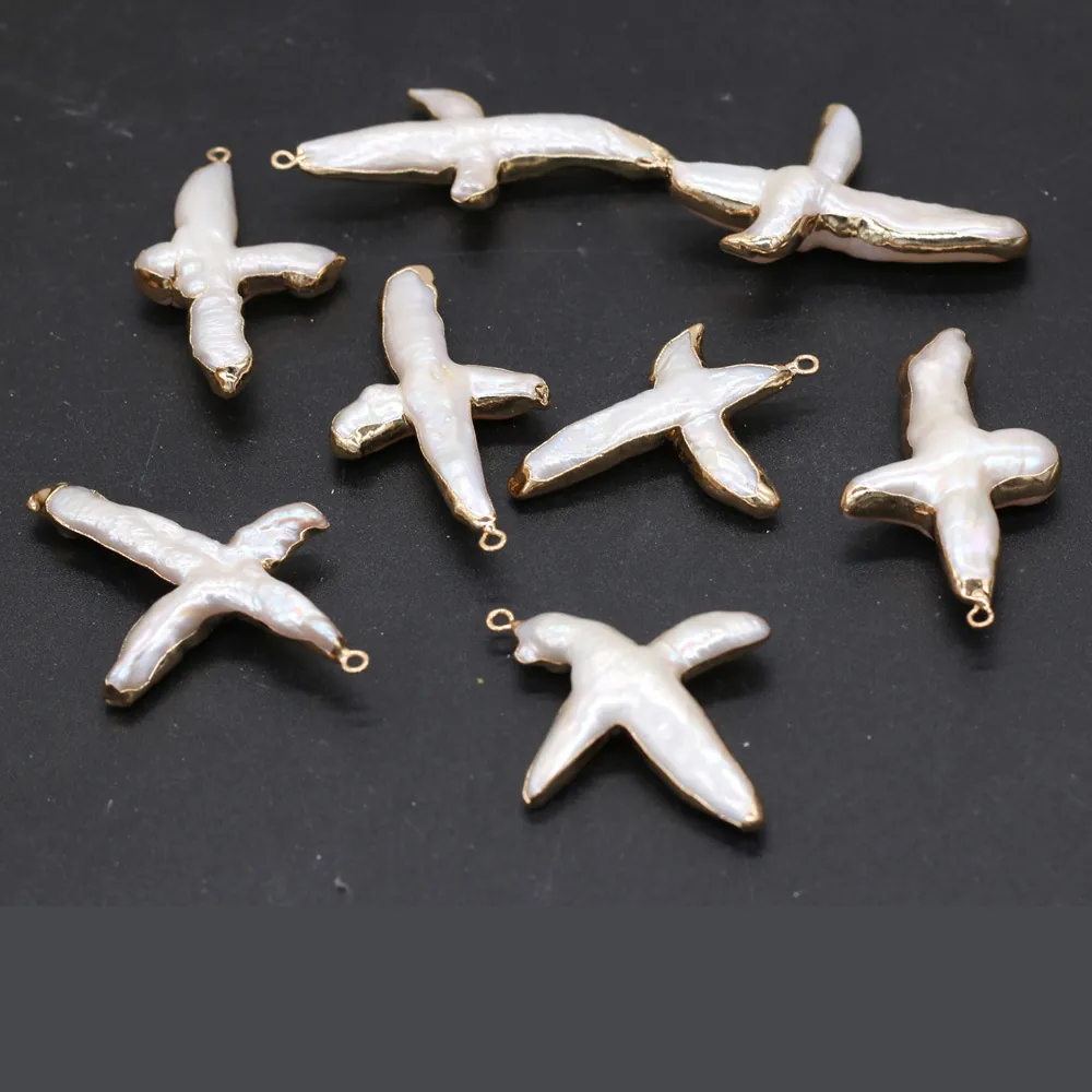 Pendentif Croix en Perle d'Eau Douce Naturelle Alliage Plaqué Or Perle Baroque Charme pour Fabrication de Bijoux DIY Accessoire Collier