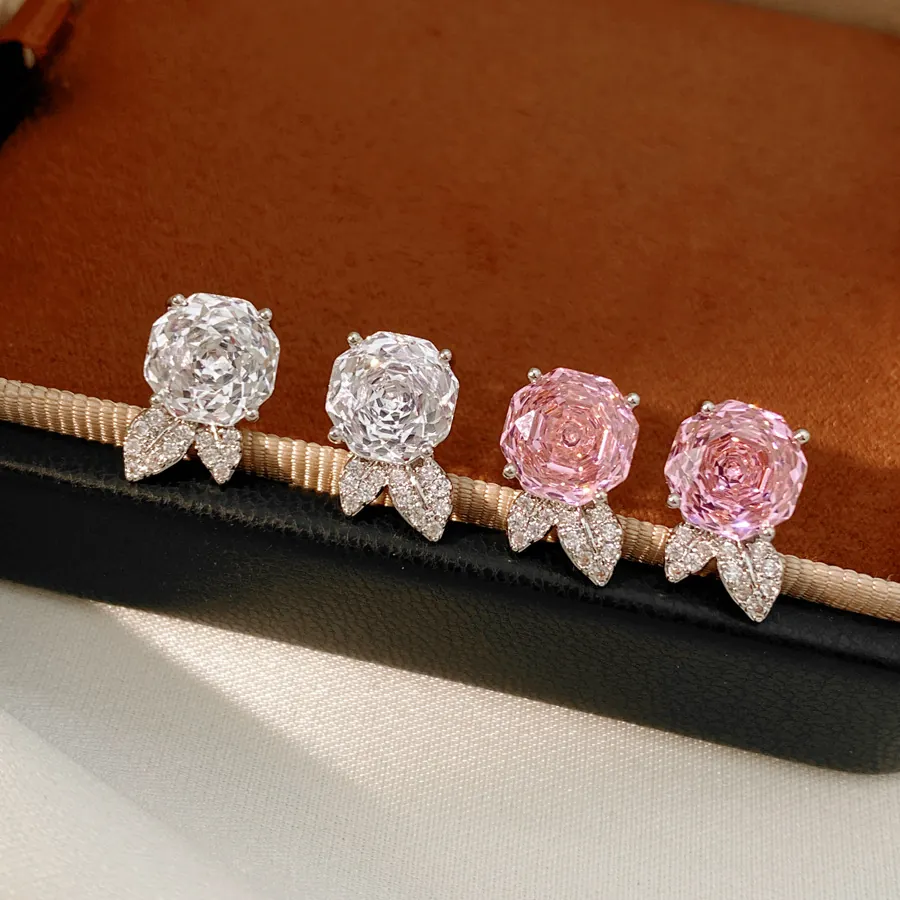 Orecchini A Lobo Rosa Rame Zircone Foglia Elegante Stile Di Lusso Gioielli Donne Con Perno In Argento