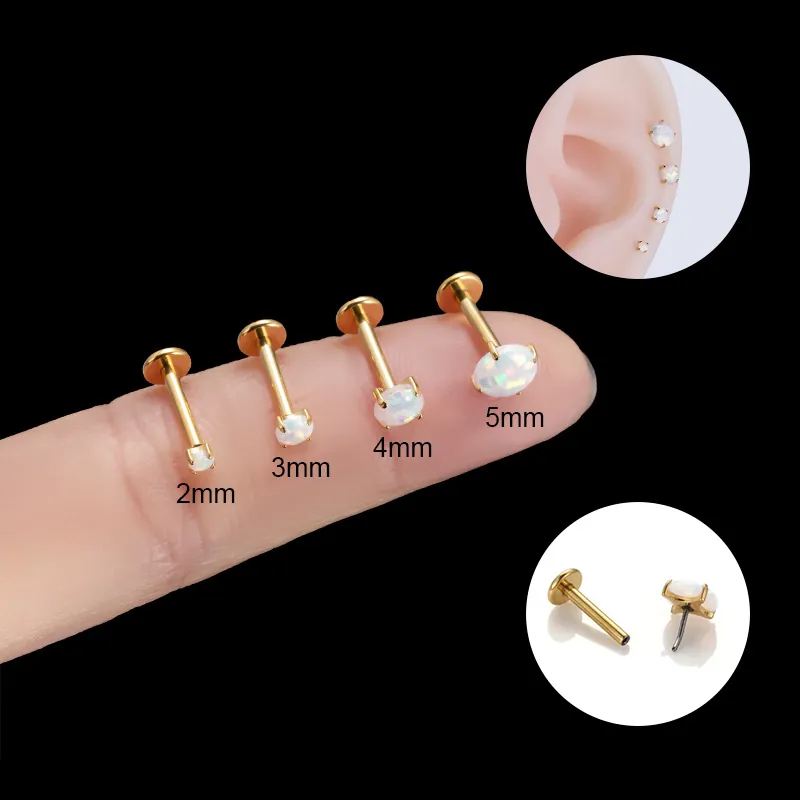 Titanium G23 Push Pin Labret Stud With Round Opal Gemstone Flat Back Cartilage Tragus Piercing Body Jewelry For Women