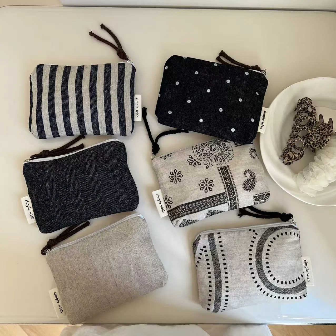 Mini Canvas Coin Purse Small Zipper Pouch Vintage Polka Dot Striped Denim Bag For Lipstick Earphone Organizer Women