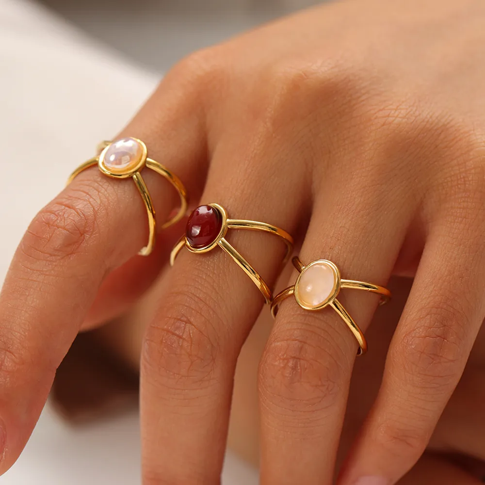 Oval Natural Stone Open Ring 18K Gold Plated Stainless Steel Waterproof Hypoallergenic Retro Vintage For Women Jewelry