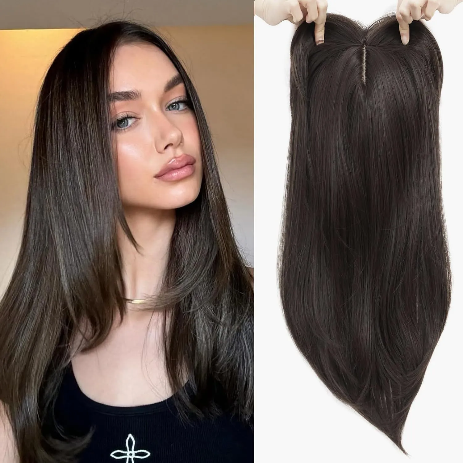 Women Hair Topper Long Straight Synthetic Fiber Wig With Clips For Thinning Hair Cover Grey Hair Natural Simulated Scalp