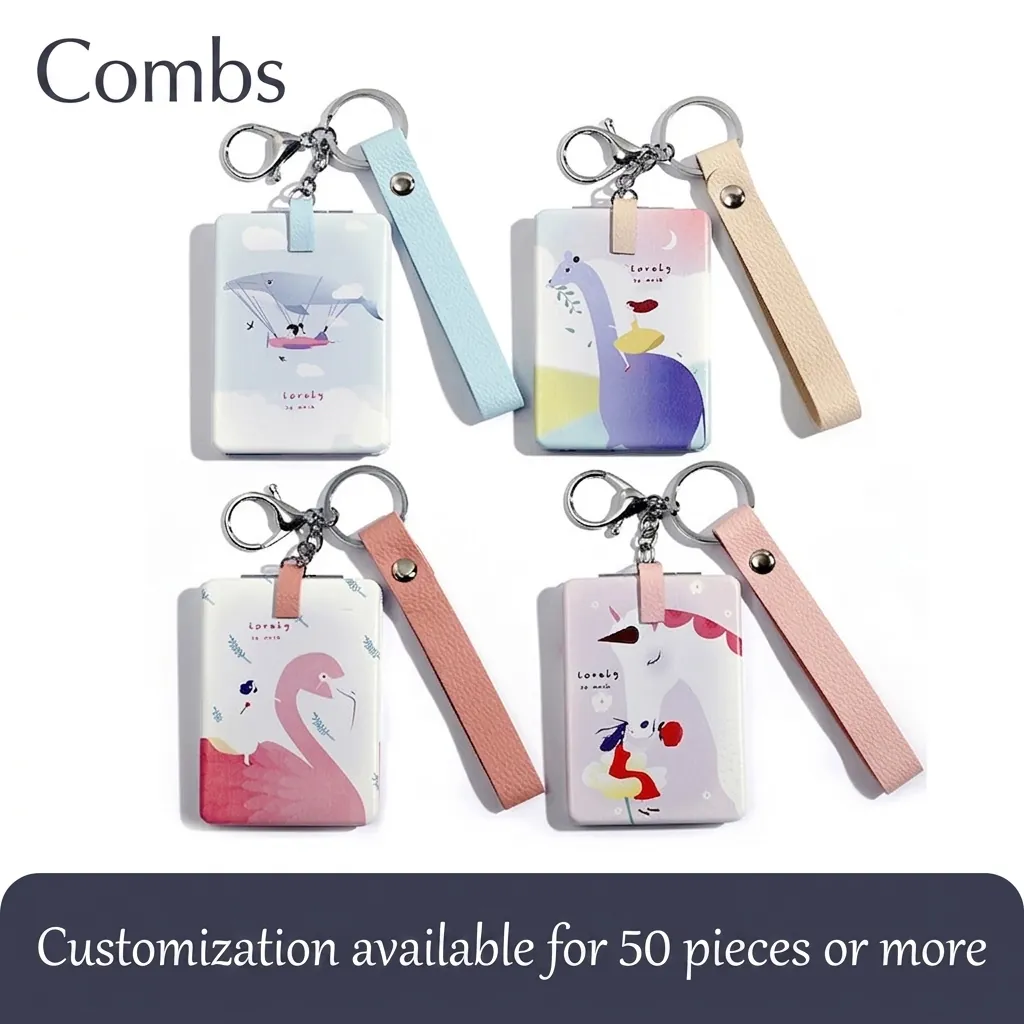 Cartoon Folding Mirror Keychain Portable PU Leather Square Compact Vanity Mirror For Travel Cute Illustration