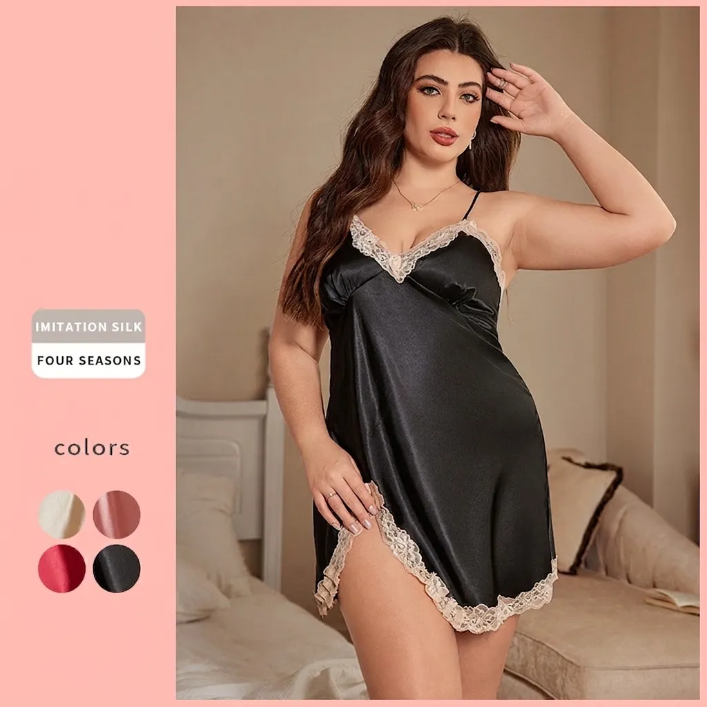 Nuisette En Satin Grande Taille Col V Dentelle Chemise De Nuit Sexy Vêtements De Nuit Satin Artificielle Loungewear