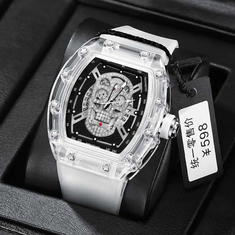 Orologio Uomo Trasparente Tonneau Quadrante Teschio Strass Cinturino Silicone Luminoso Impermeabile Quarzo Sportivo