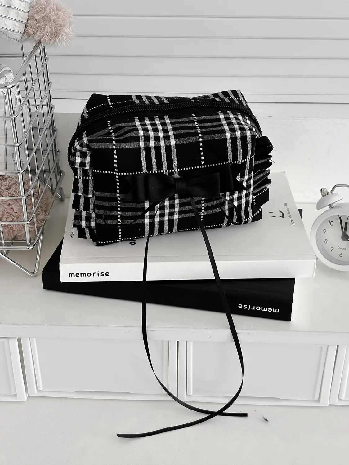 Trousse De Maquillage À Carreaux En Coton Pochette Cosmétique Avec Nœud Bordure À Volants Organisateur De Voyage Portable