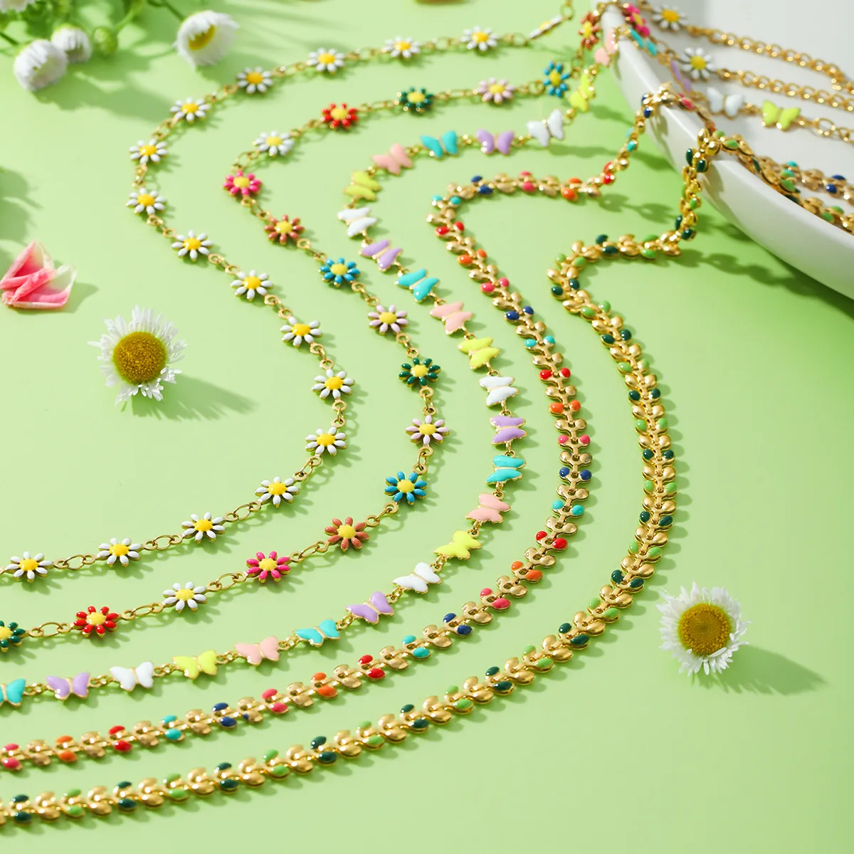 Collier Bracelet En Acier Inoxydable Bijoux Émail Coloré Marguerite Papillon Fleur Feuille Mode Style Ins Pour Femmes