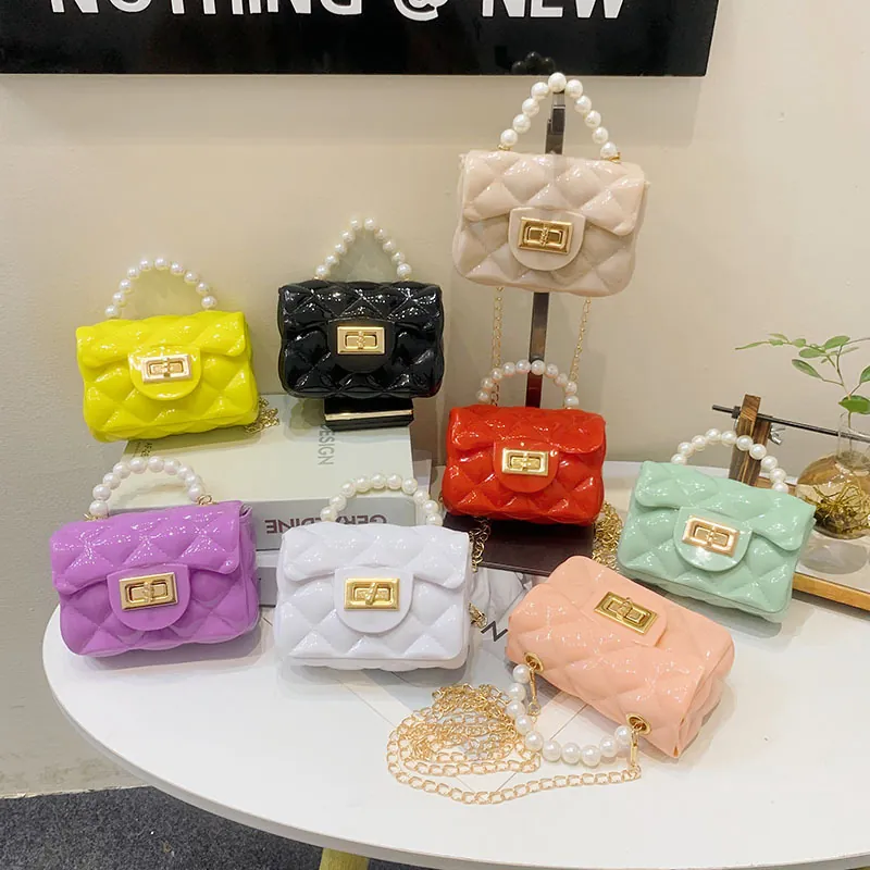 Girls Mini Jelly Bag Quilted Diamond Pattern Artificial Pearl Handle Gold Chain Crossbody Shoulder Handbag Kids Cute Fashion