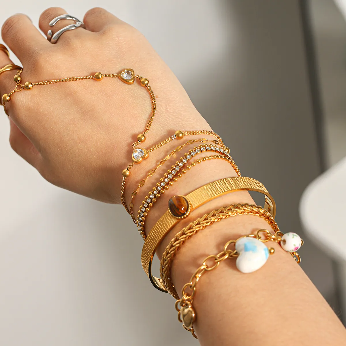 Bijoux Gourmette Bracelet Et Bague En Acier Inoxydable Pour Femmes Zircon Pendentif Coeur Design Organique Ondulé Élégant
