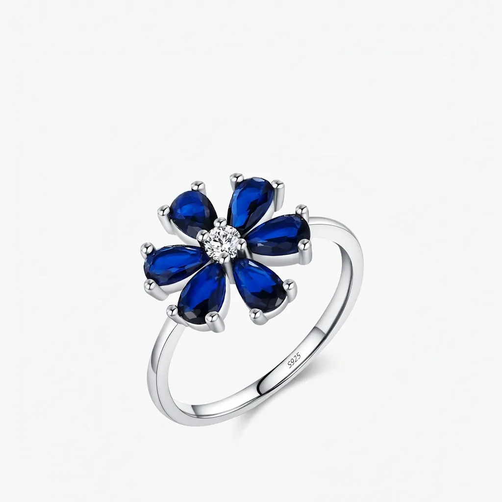925 Sterling Silver Blue Flower Ring For Women Elegant Waterdrop Rhinestone Inlaid Exaggerated Party Statement Finger Jewelry