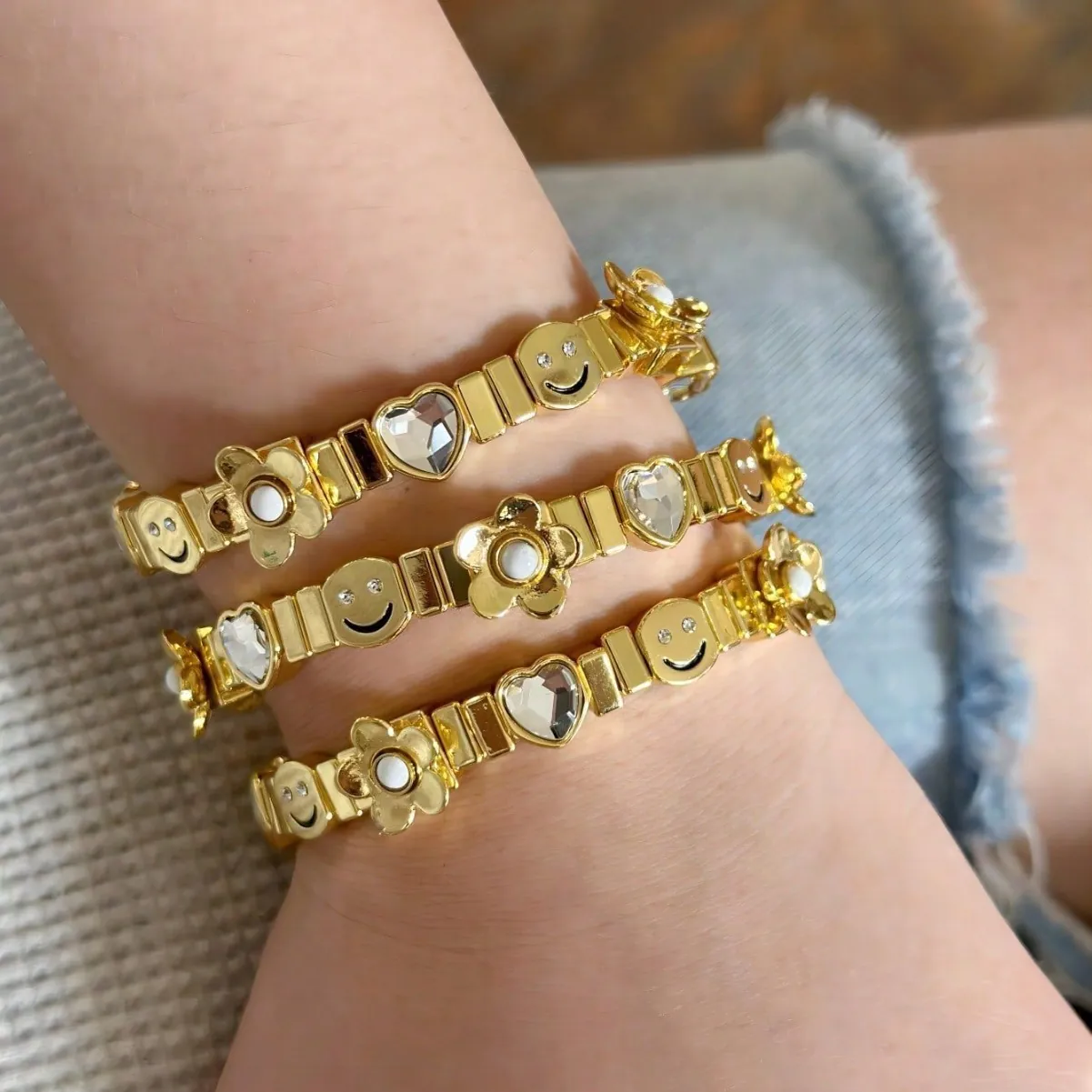 Gold Plated Alloy Bracelets With Smiley Face Heart Rhinestone And Flower For Women Daily Wear Cute Elastic Fashion Jewelry