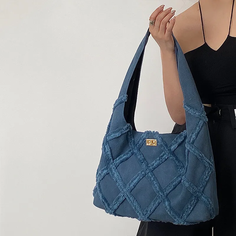 Borsa A Tracolla In Tela Denim Retro Per Donna Trapuntata A Diamante Bordi Sfilacciati Borsa Tote Con Chiusura Dorata Stile Coreano