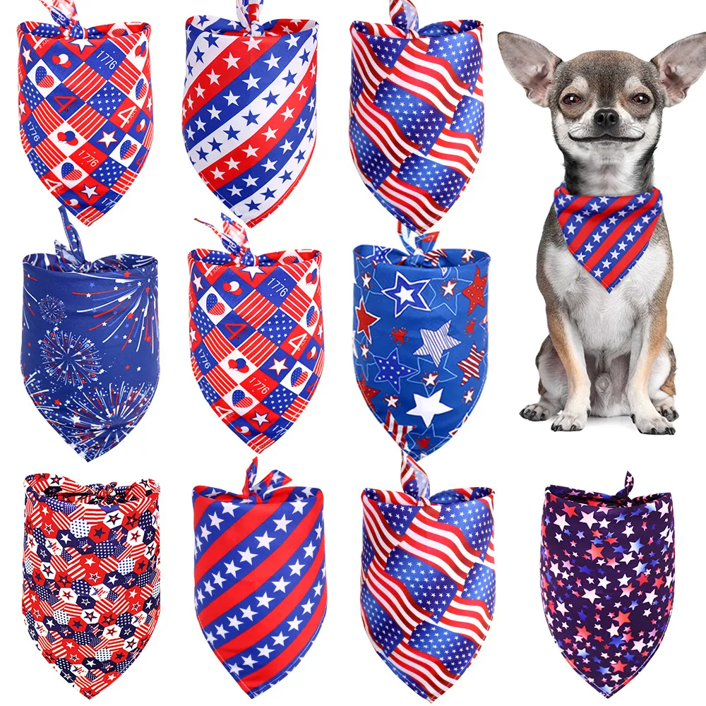 Independence Day Pet Bandana Patriotic Polyester Saliva Towel Scarf For Dogs Cats Stars Stripes Pattern