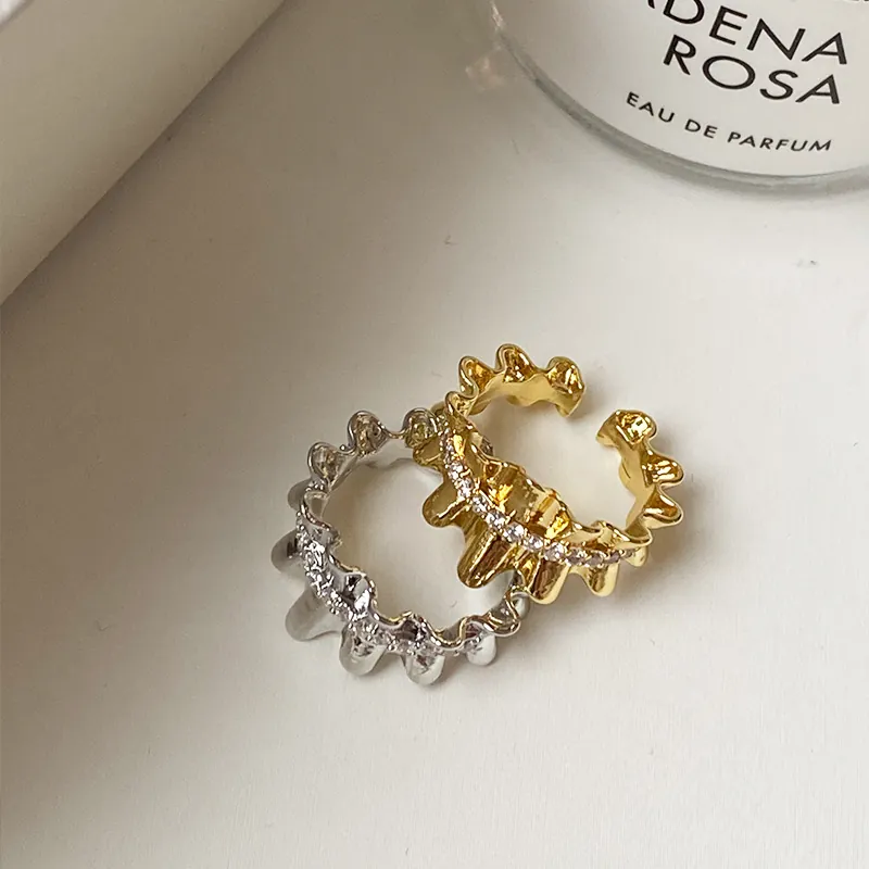 Anello Aperto in Ottone con Zirconia Micro Intarsiata Onda Festonata Placcato Oro Argento Anello Regolabile Gioielli Donna