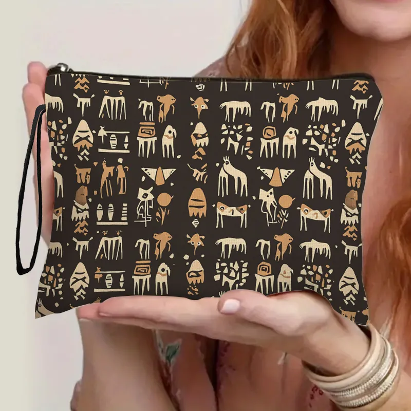 Cosmetic Bag Fine Linen Zipper Pouch Portable Toiletry Organizer Tribal Geometric Print Travel Makeup Case For Women