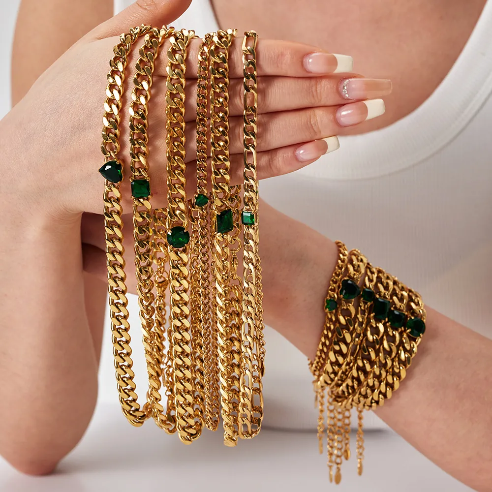 Collier À Maille Cubaine Plaqué Or 18K Acier Inoxydable Pendentif Pierre Zircon Vert Bijou Pour Femme