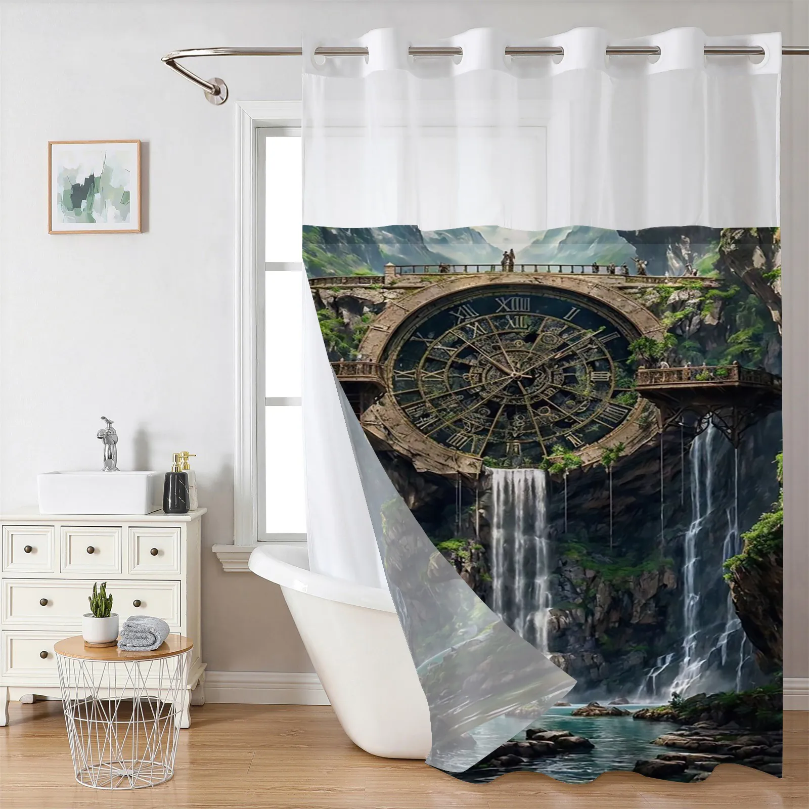 Waterproof Polyester Fabric Shower Curtain With Metal Eyelets Mold Resistant Heavy Duty Artistic Printed Decor
