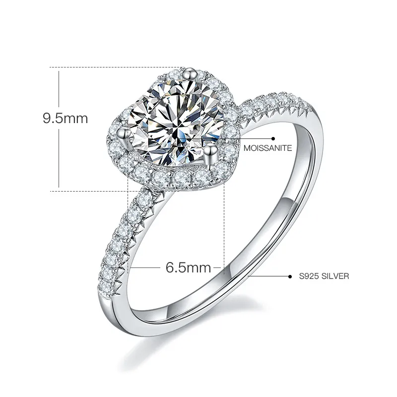 Romantic Heart Moissanite Ring 925 Sterling Silver 1 Carat Moissanite With GRA Certificate Rhinestone Inlaid Wedding Women Jewelry