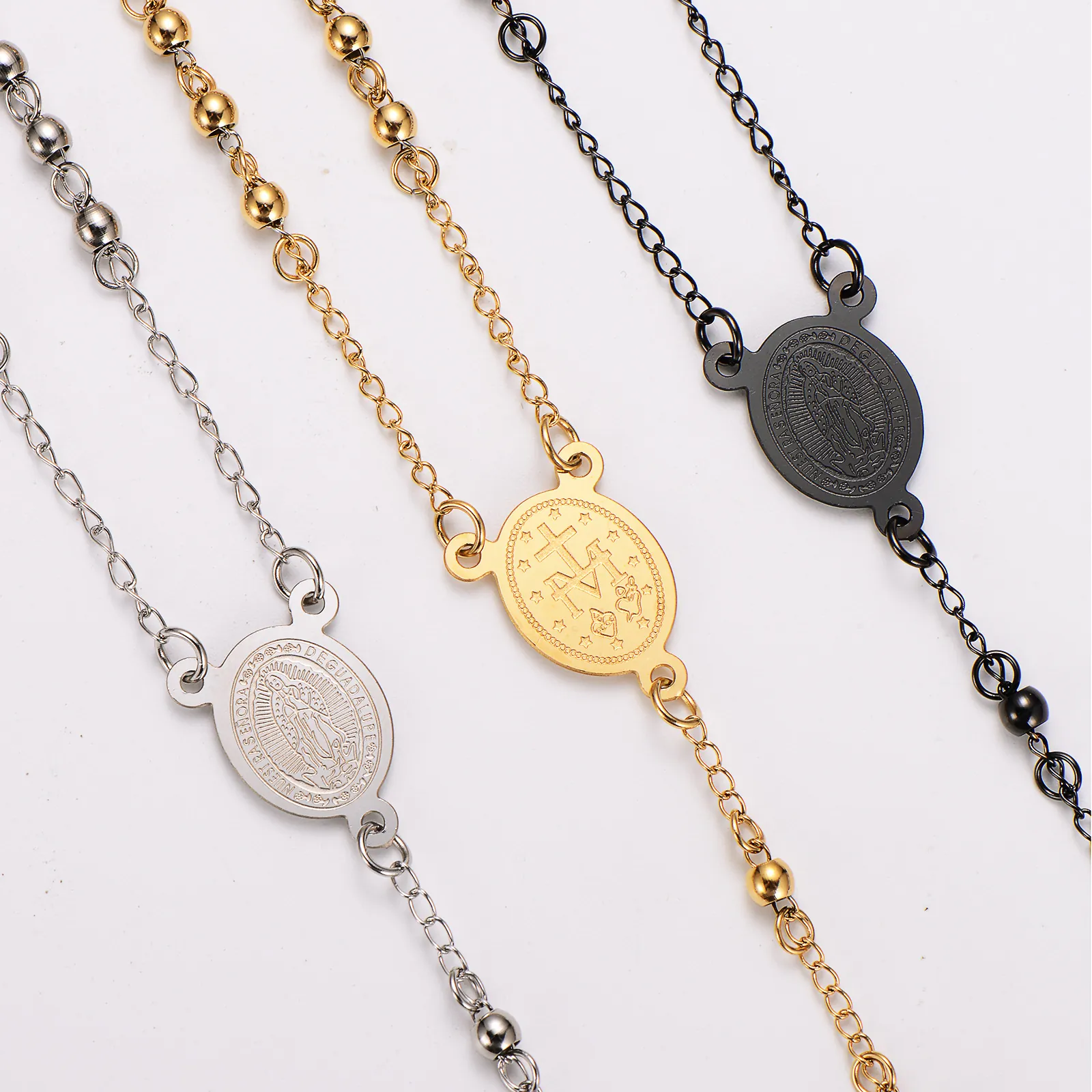 Vintage Stainless Steel Our Lady Of Guadalupe Virgin Mary Cross Pendant Rosary Necklace Bead Chain Religious Jewelry For Women