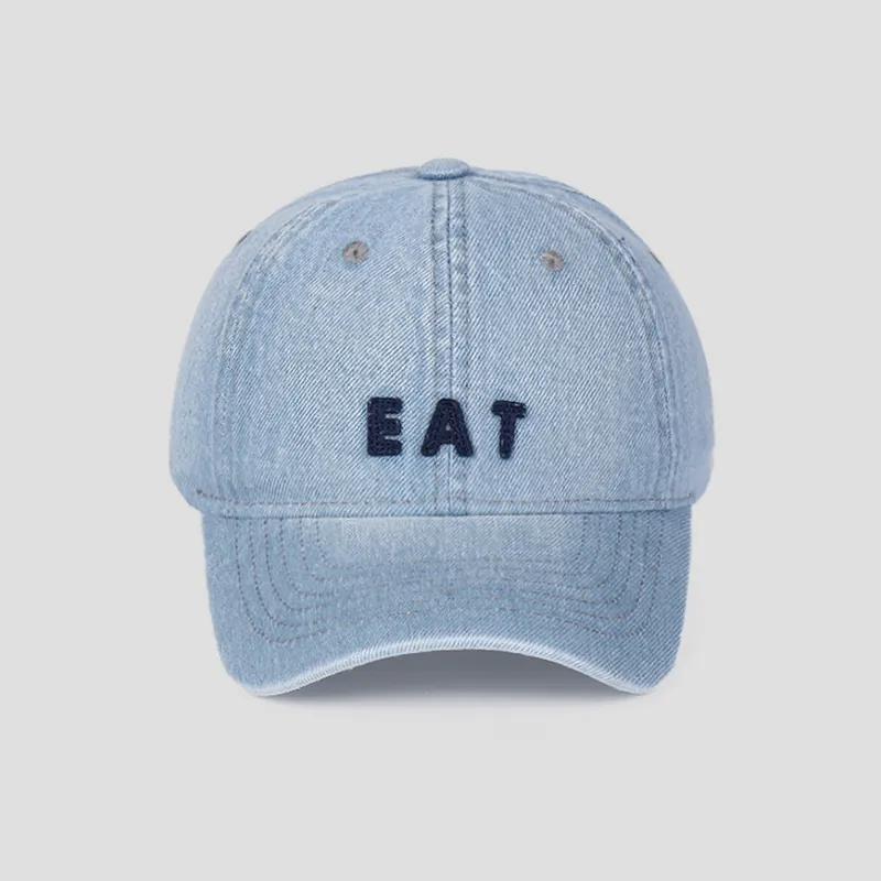 Washed Denim Baseball Cap With EAT Letter Embroidery Retro Distressed Adjustable Curved Brim Sun Hat Unisex Casual