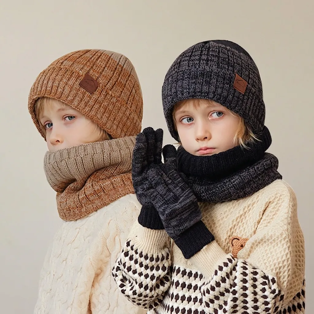 Kinderen Winter Warm Gebreide Muts Sjaal Handschoenen Set Fleece Gevoerd Acryl Beanie Nekkoker Outdoor