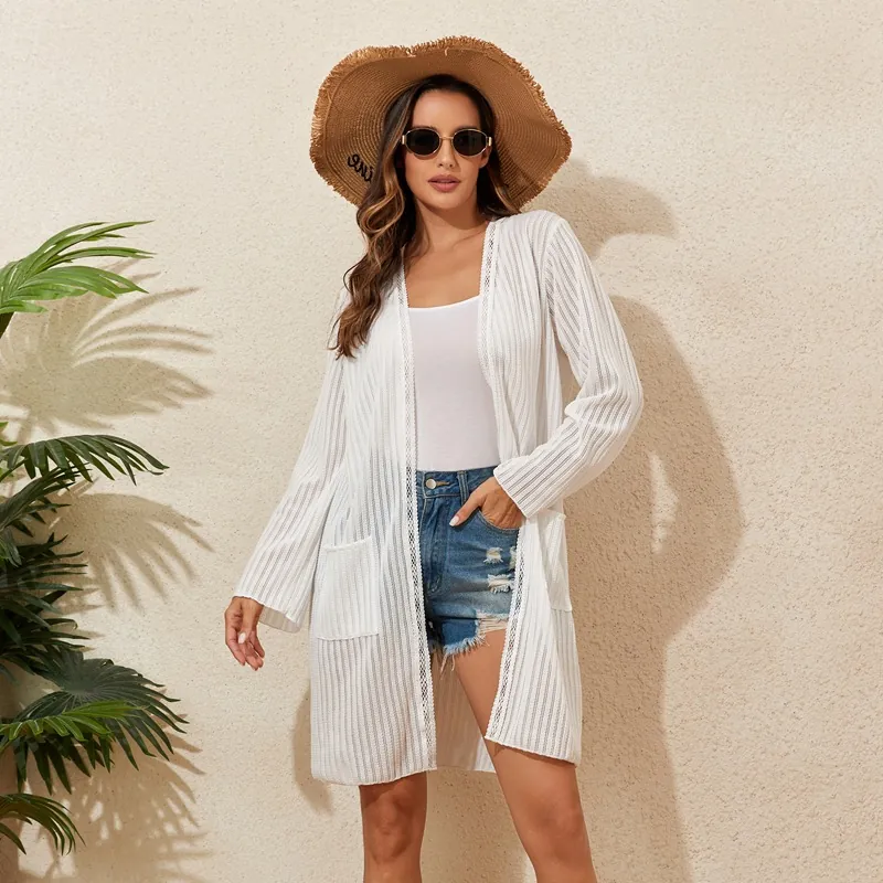 Cardigan En Tricot Blanc Femmes Cache-Maillot De Plage Avec Poches Bordure En Dentelle Protection Solaire Vacances