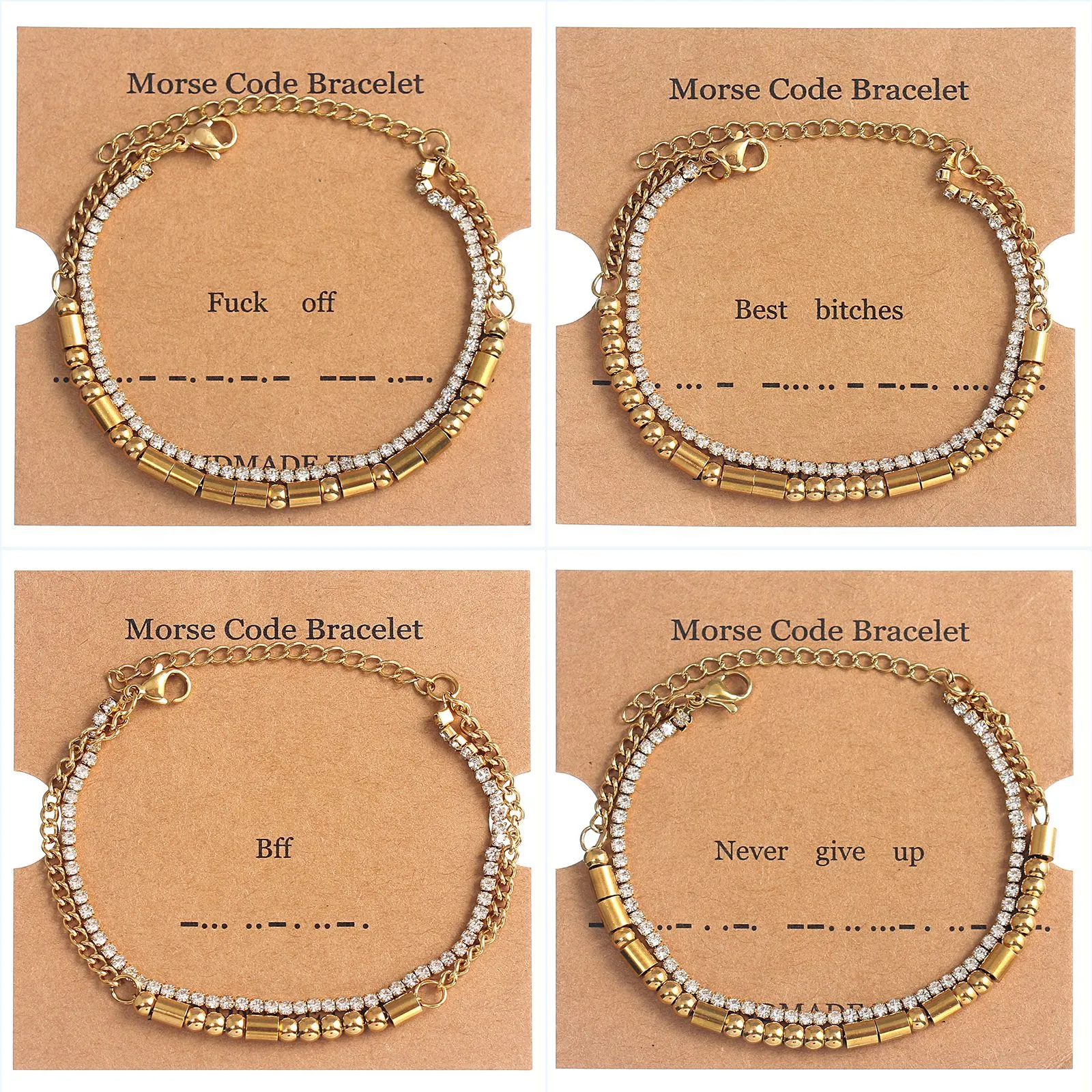 Morse Code Bracelet Stainless Steel Double Layer Rhinestone Tennis Chain Handmade Jewelry Gift For Women
