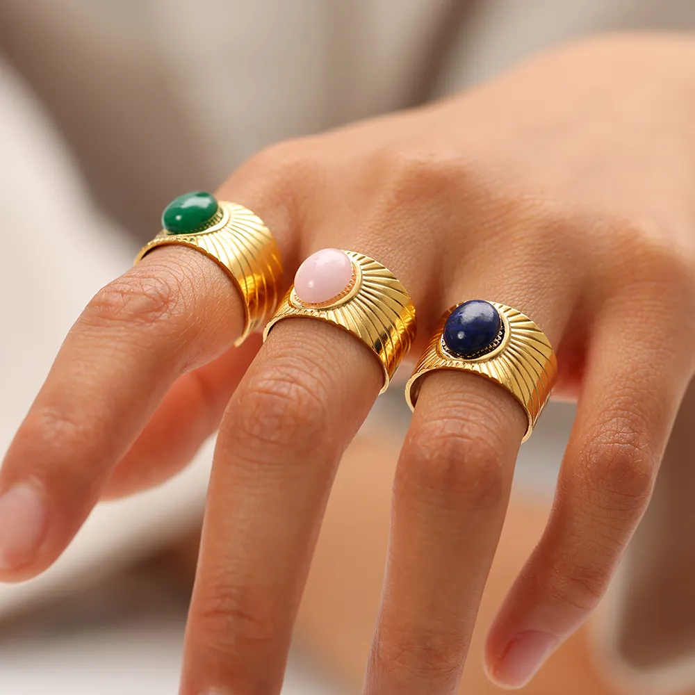 Vintage 18K Gold Plated Stainless Steel Wide Band Open Ring With Oval Natural Stone Sunburst Texture For Women