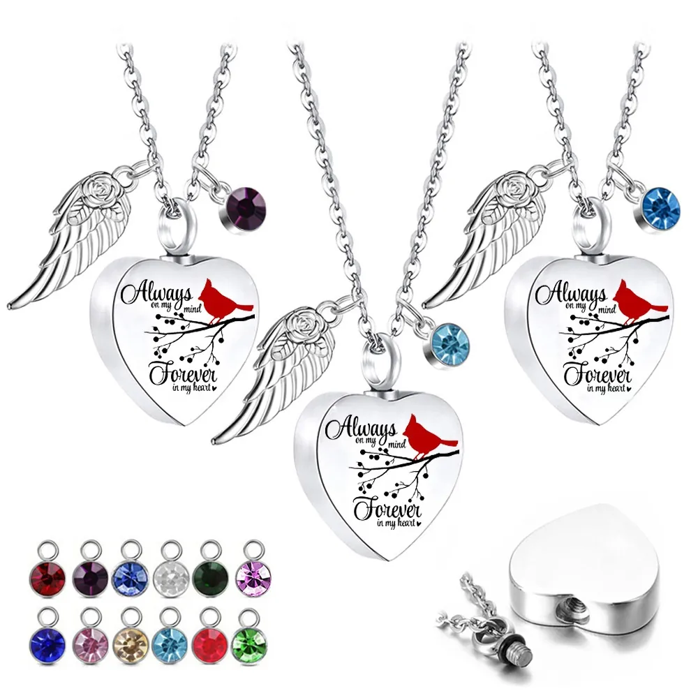 Heart Cremation Urn Necklace Stainless Steel Cardinal Bird Memorial Keepsake With Angel Wing Birthstone Crystal For Ashes