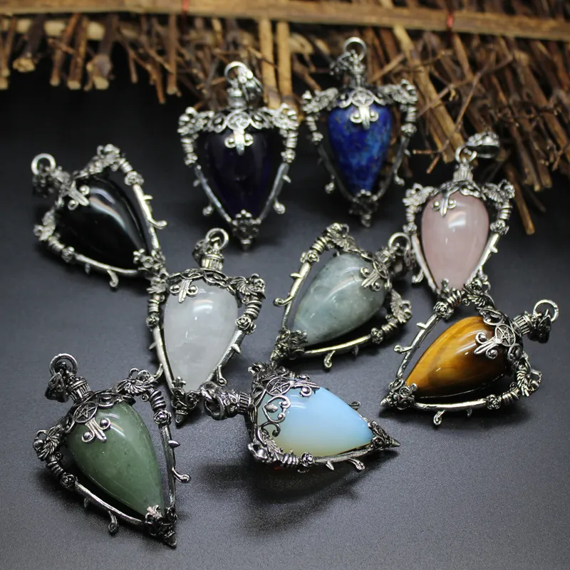 Natural Stone Pendulum Pendant Necklace Vintage Gothic Rose Thorn Pentagram Waterdrop Crystal Gemstone Jewelry For Women