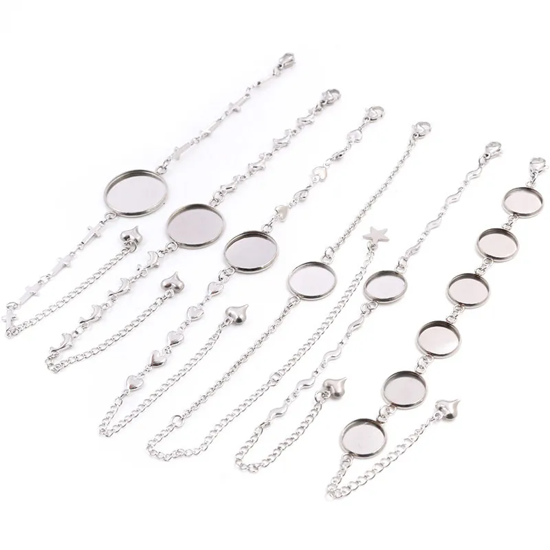 Stainless Steel Bracelet Base Round Cabochon Bezel Tray Settings For DIY Jewelry Making With Lobster Clasp Extension Chain