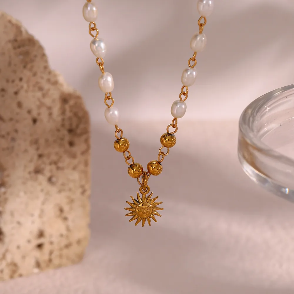 Stainless Steel Artificial Pearl Sun Pendant Necklace Vintage Gold Bead Chain For Women Bohemian Aesthetic Jewelry Gift