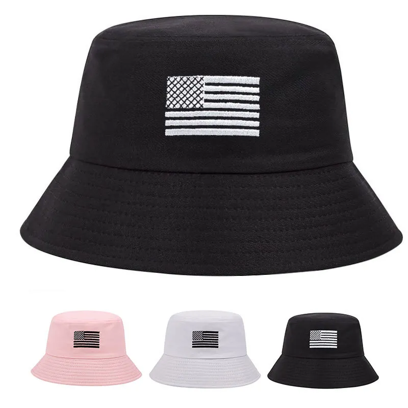 Embroidered USA Flag Bucket Hat Cotton Canvas Sun Protection Outdoor Casual Fisherman Hat Unisex