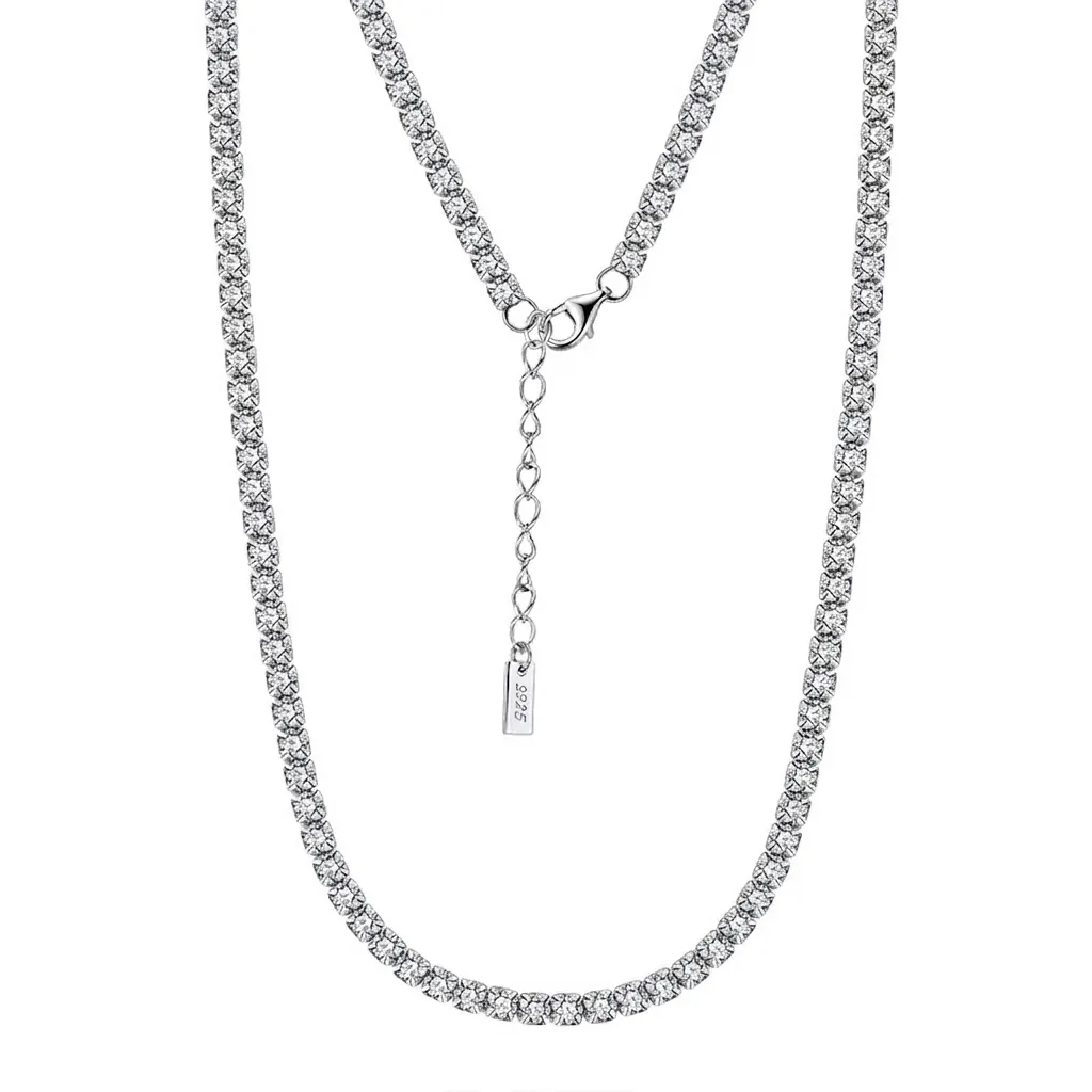 925 Sterling Silver Tennis Necklace For Women With 3.0mm White Zirconia Round Cut Stones Minimalist Luxury Chain Jewelry Gift