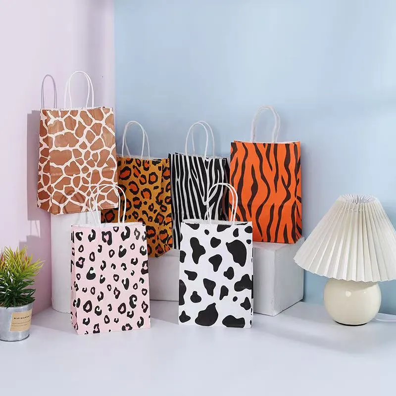 Sacs Cadeaux En Papier Imprimé Animalier Papier Kraft Portable Motifs Léopard Zèbre Tigre Vache Fête Shopping Boutique
