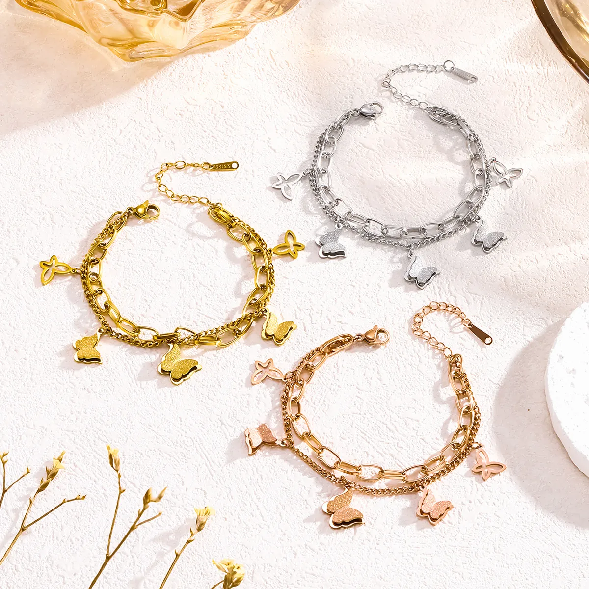 Double Layer Stainless Steel Butterfly Bracelet For Women Titanium Steel Multi Layer Frosted Butterfly Pendant Fashion Jewelry