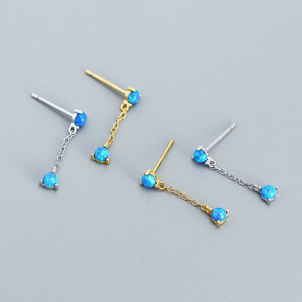 Blue Opal Tassel Drop Earrings With 925 Sterling Silver Earring Post Geometric Chain Long Dangle Jewelry For Women