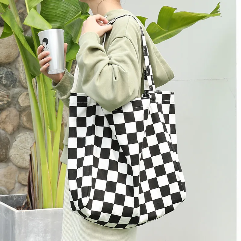 Checkerboard Canvas Tote Bag Large Capacity Casual Shoulder Handbag For Women Stylish Contrast Color Shopper Bag