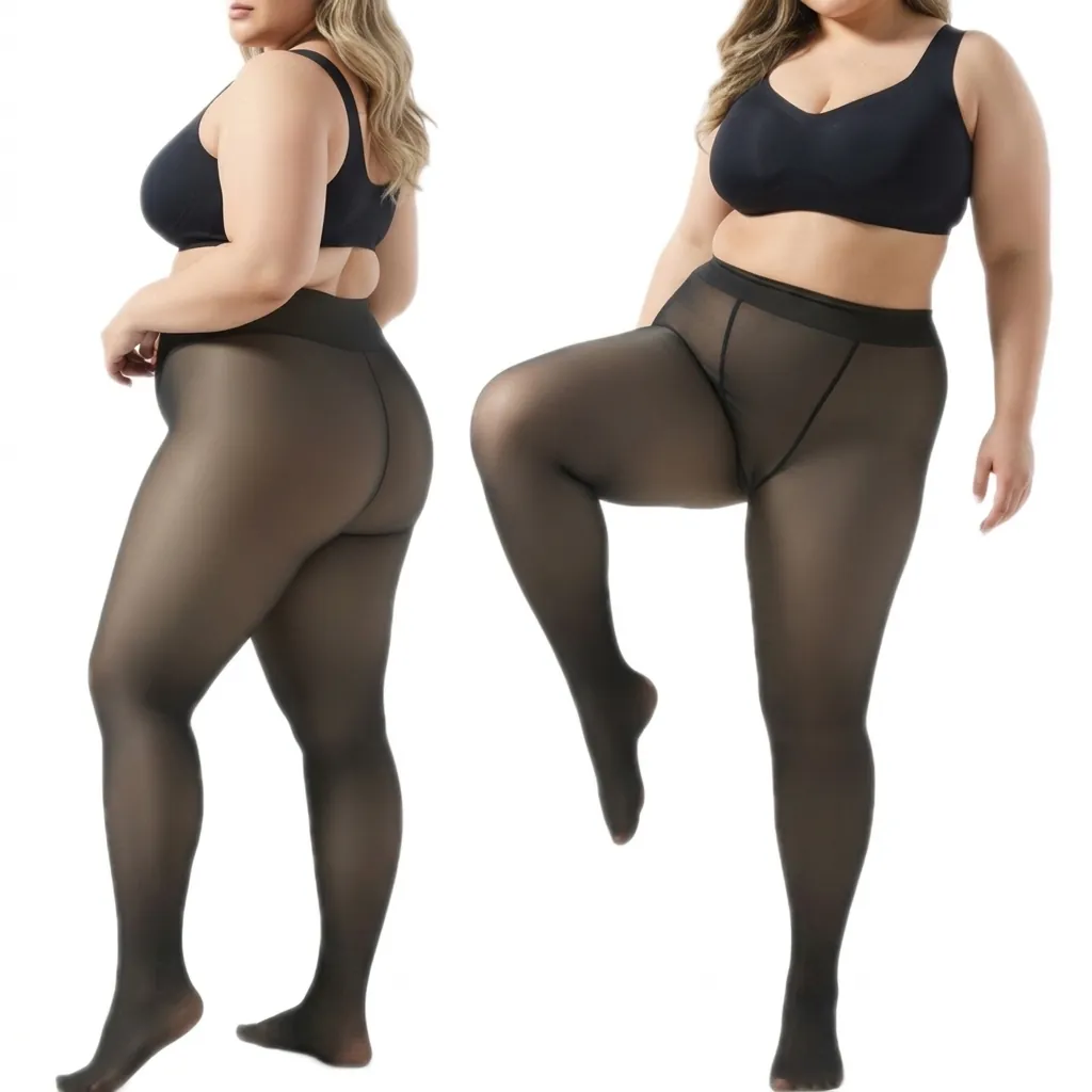 Plus Size Fleece Lined Tights Fake Translucent High Waist Tummy Control Thermal Pantyhose Nylon Elastic Winter For Women