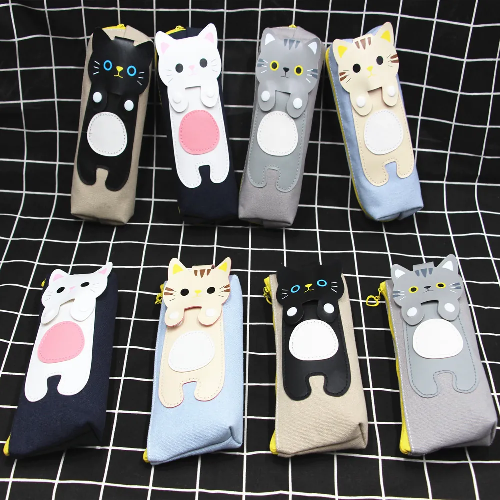 Cute Cartoon Cat Canvas Pencil Case Large Capacity Stationery Bag With Zipper For Students Girls School Office