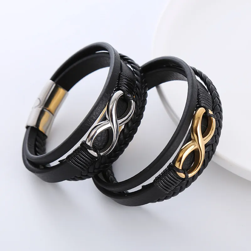 Bracciale In Pelle Intrecciata Multistrato Con Simbolo Infinito E Fibbia Magnetica In Acciaio Inossidabile 304 Hip Hop