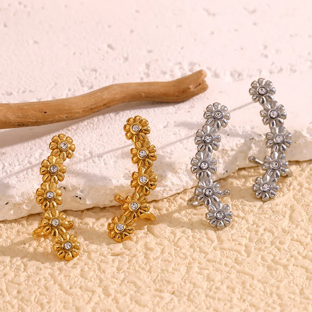 Daisy Flower Ear Crawler Earrings Stainless Steel 18K Gold Plated Zircon Inlaid Retro Niche Style For Women