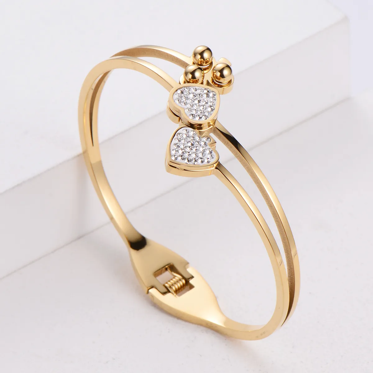 Heart Charm Open Bangle 304 Stainless Steel Double Layer Rhinestone Zircon 18K Gold Plated Elegant Jewelry For Women