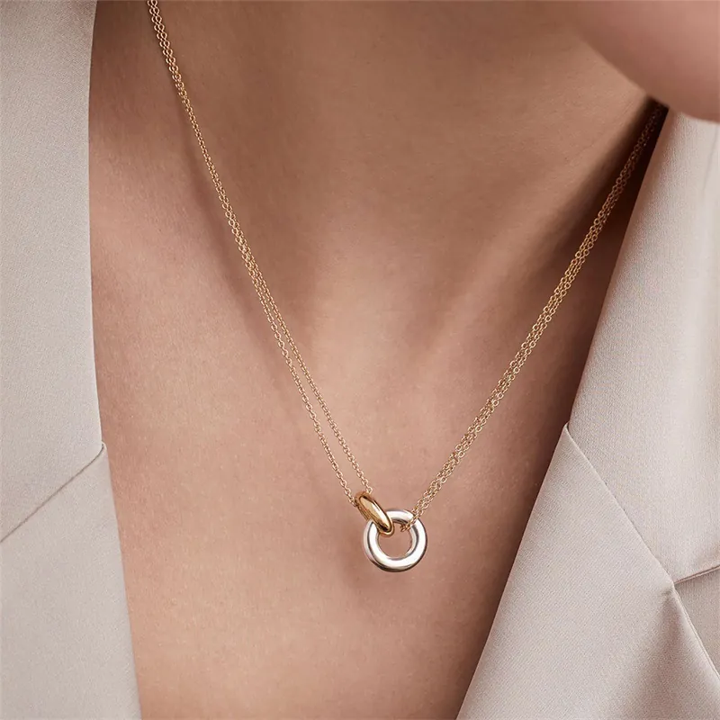 Fashion 316L Stainless Steel Interlocking Double Ring Pendant Necklace For Women PVD Gold Plated Double Strand Chain Jewelry