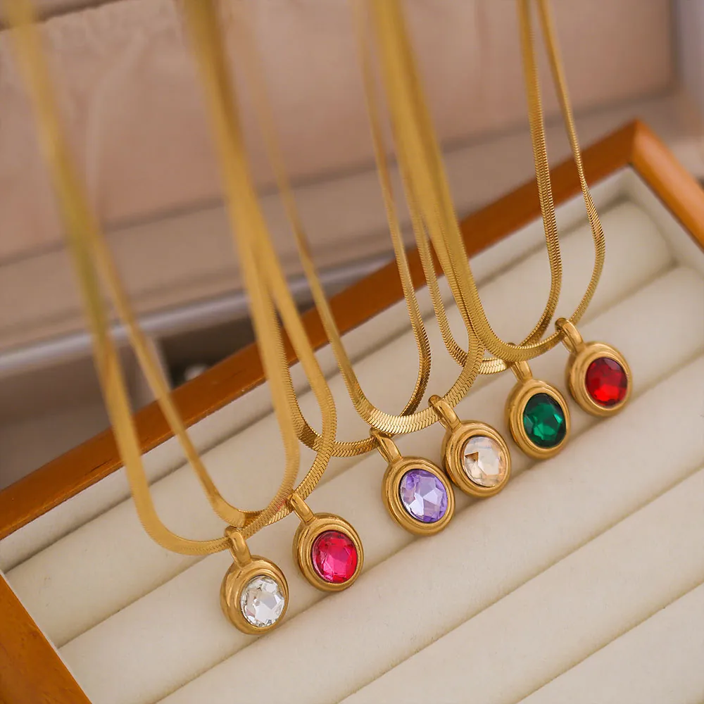 Stainless Steel Necklace Gold Plated Herringbone Flat Snake Chain Oval Colorful Zircon Pendant French Retro For Women